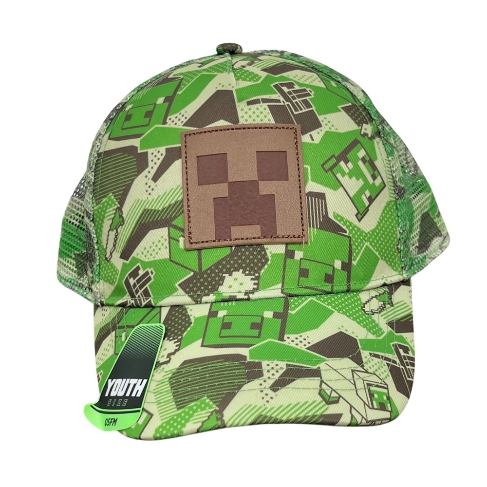 Minecraft Trucker Hat Kids Youth OSFM Green Creeper Pixel Camo Snapback Mesh Cap